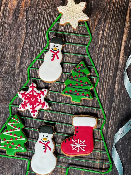 Another shot of my festive Christmas cookies, displayed on a cute Christmas tree-shaped cooling rack.