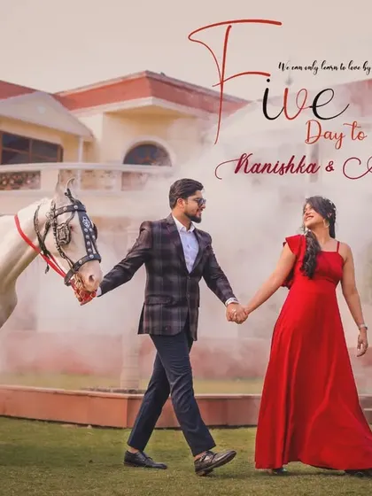 A fairytale-like pre-wedding shoot with a beautiful white horse, creating a romantic and dreamy "5 days to go" countdown image.