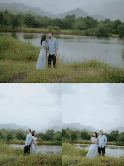 A series of portraits set against a moody, overcast sky and a calm lake. This composition captures the serene and contemplative side of their relationship.