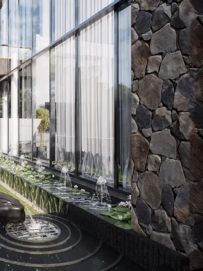A close-up detail from a landscape project by Linex Architects, this render focuses on material realism. The image showcases the interplay of a natural stone wall, the reflective surface of the water feature, and the delicate texture of the sheer curtains inside.