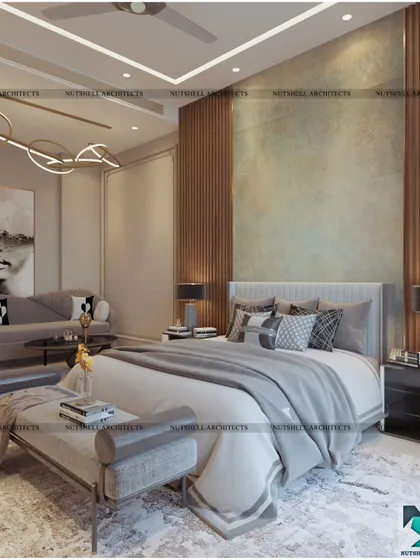 In this bedroom, a large, expressive painting of a face serves as the focal point above a comfortable sofa. The combination of modern art, sculptural lighting, and rich wood paneling gives the space a unique and artistic personality.
