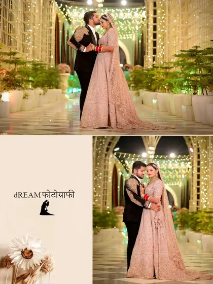 A diptych of Tanu and Kunal's reception portraits, with a soft, dreamy aesthetic.
