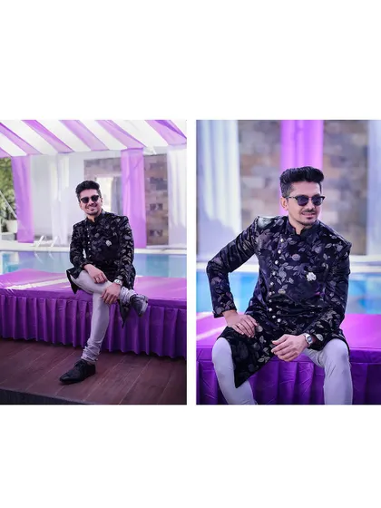 A collage of the groom looking sharp and stylish at the Mehendi or Sangeet event.