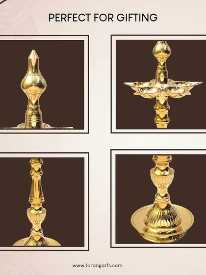 A closer look at the different components of our handcrafted brass lamps. From the sturdy base to the multi-wick top, each part is designed for both beauty and functionality, making it a perfect gift for weddings or housewarmings.