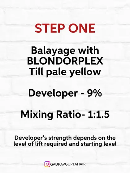 Step One for the Peanut Brown color: a balayage with Blondorplex to create the perfect pale yellow base for our toner.