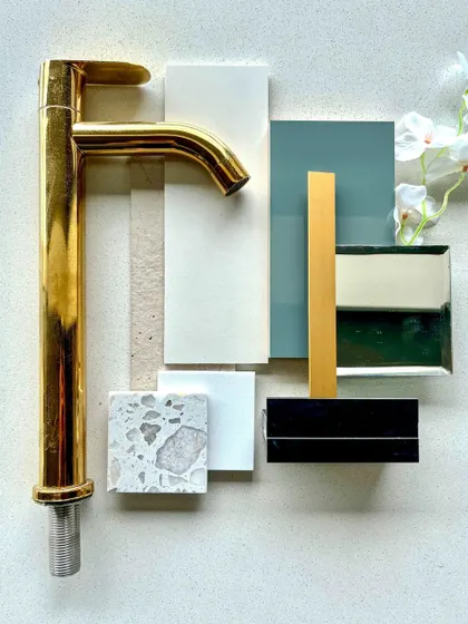 A mood board for our 'Blues & Hues' bathroom, combining cool blue tones, terrazzo, and brushed gold fixtures for a serene yet luxurious feel.