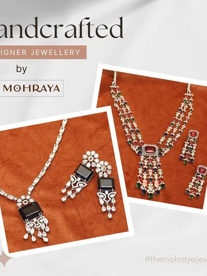 A graphic collage of our handcrafted designer jewellery, featuring the multi-colored set and the black stone set, highlighting their unique designs.