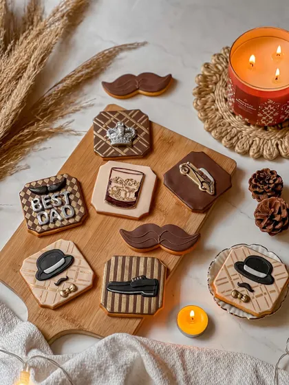 A collection of exquisitely decorated Father's Day cookies on a wooden board, featuring themes like vintage cars, whiskey glasses, and classic fedoras. These vanilla butter cookies demonstrate the detailed, personalized artistry available for celebrating him.