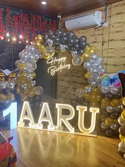 A closer look at the butterfly-themed decoration for Aaru's birthday. The transparent balloons with confetti and butterfly stickers add a delicate and detailed touch.