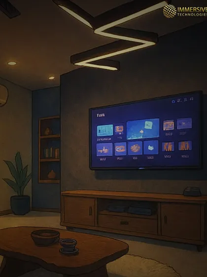 This animated concept shows how we can blend modern technology with unique aesthetics. The living room features a large screen, integrated speakers, and a distinctive geometric ceiling light, creating a media space that is both functional and artistic.