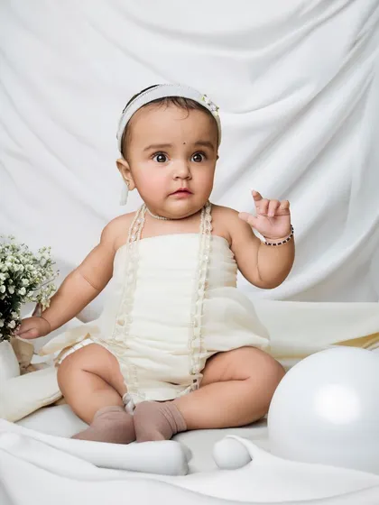 A duplicate of image 23, featuring a baby girl in a beautiful all-white studio setup, looking pure and serene.