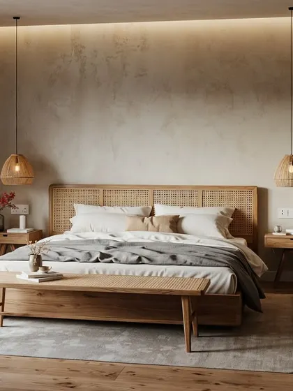 Another Japandi bedroom, this one with a rattan headboard, a textured lime-wash wall, and woven pendant lights. The space feels warm, earthy, and deeply calming.