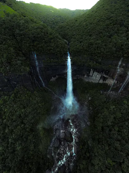 A single, powerful stream of water plunges into a rocky gorge in Meghalaya. This aerial shot highlights the simple, raw beauty of the region's waterfalls.