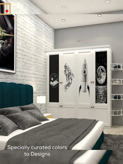 A room for a space explorer. The wardrobe doors are customized with astronaut and rocket graphics, turning everyday storage into a launchpad for imagination.