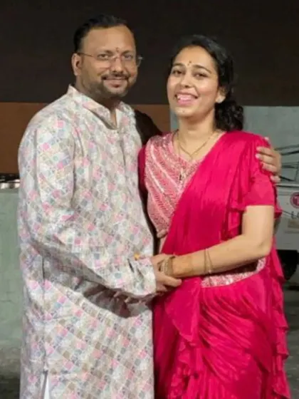 A happy portrait of Vishnu and Ayushi. Their journey from strangers to life partners is a testament to the meaningful connections fostered by our spiritual community.