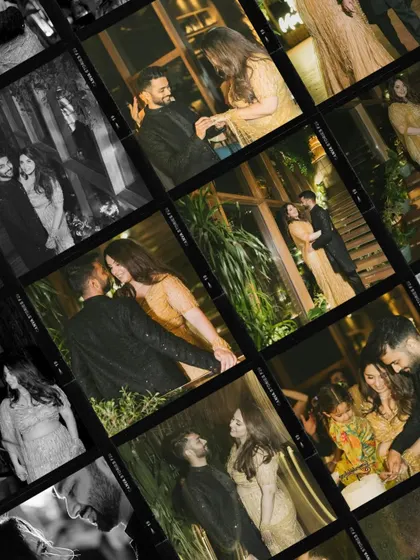 A creative film-strip style collage of Juhi and Jay's engagement. This grid of images tells a comprehensive story of their night, filled with romance and celebration.