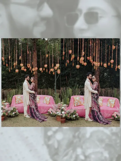 A diptych of the couple posing under a beautiful floral installation at their Haldi ceremony. The pink sofas and hanging hearts create a romantic and festive backdrop.