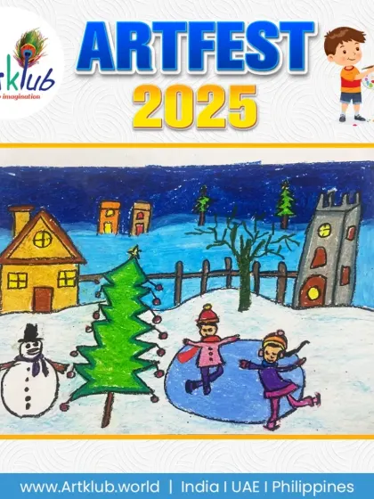 A cozy winter scene created by a junior artist. The drawing features children ice skating, a snowman, and a decorated Christmas tree in a snowy village.