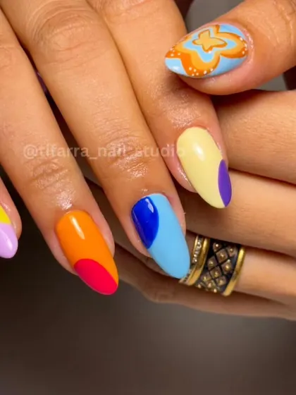 Another view of the colorful and abstract nail designs. We teach you the color theory and application techniques to make sure your bold designs are balanced and visually appealing.