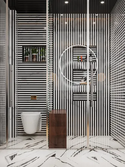 A bold and graphic bathroom concept with striking black-and-white striped walls inside the shower cubicle, contrasted with a white marble floor.