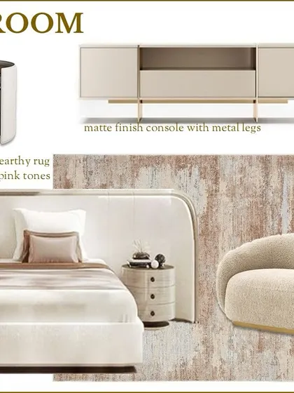 A mood board we created for a guest bedroom. It combines a curved headboard, a boucle couch, and metallic fabrics in a neutral palette with rusty pink tones to establish a serene and elegant feel.