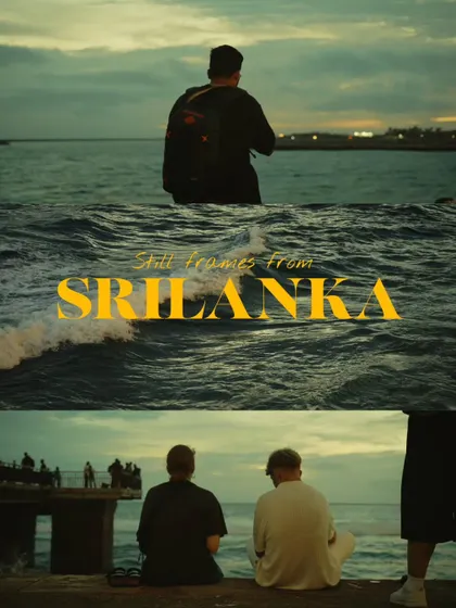A collage of serene, cinematic moments from the Sri Lankan coast, capturing people watching the waves and the beautiful evening light.