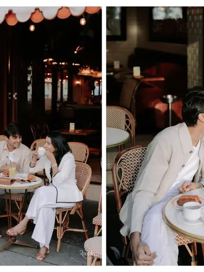A collage of candid moments at a cafe in Paris, capturing laughter and affection over coffee and croissants.