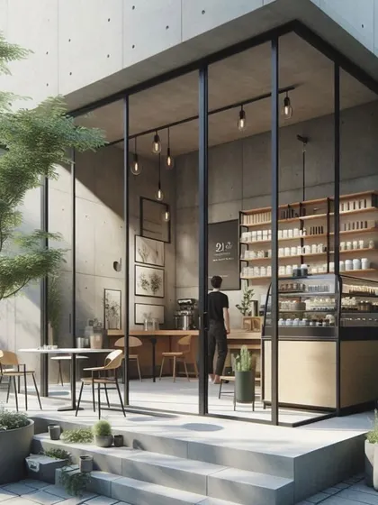 For this cafe design, I used a minimalist, industrial aesthetic with concrete walls and floor-to-ceiling glass. It creates a very chic and modern space that stands out.