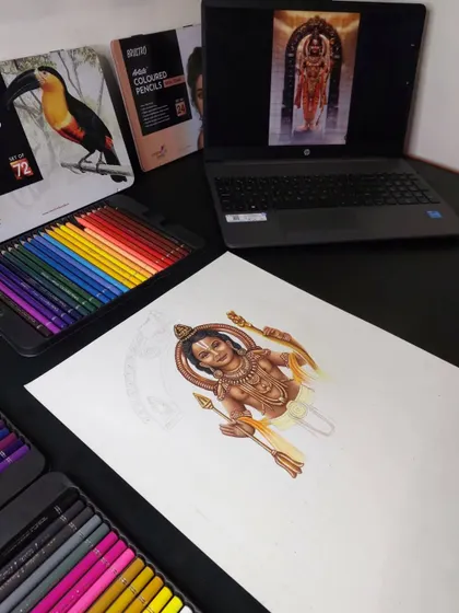 18 hours into the Ram Lalla sketch. The upper body and ornaments are detailed, and now it's time to move to the lower part.
