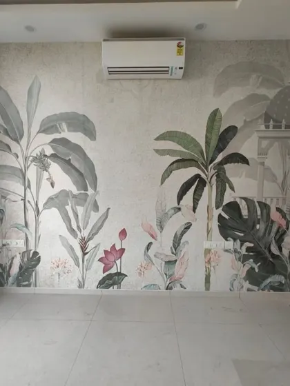 A sophisticated tropical mural combining botanical elements with subtle architectural drawings in the background, creating a layered and interesting design.