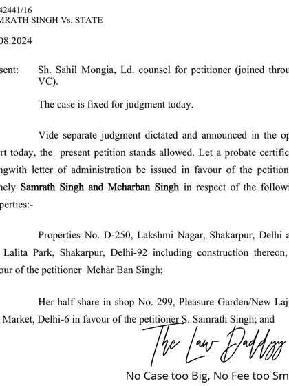This court document shows a successful outcome in a 16-year-old probate case. In just six months, I was able to secure a probate certificate for my clients, getting a will produced by other siblings rejected and ensuring the rightful heirs inherited the properties.