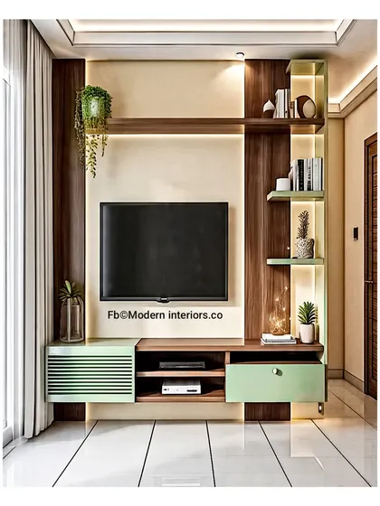 For this compact living area, I used a mix of mint green and dark wood to create a fresh, unique look. The asymmetrical design with vertical shelving adds a playful touch while offering practical space for books and decor.