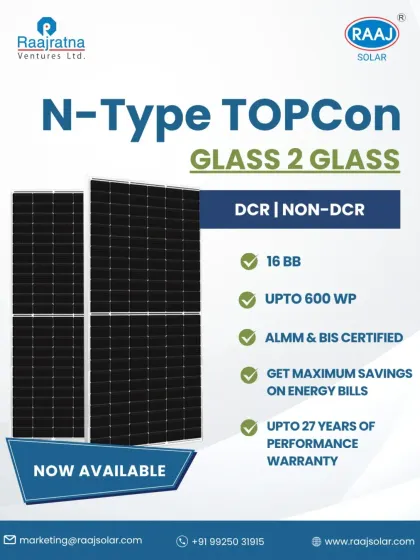 Now available: our N-Type TOPCon Glass-to-Glass solar panels. These modules are ALMM & BIS certified, feature 16 busbars for improved performance, and come with a 27-year warranty to ensure maximum savings on your energy bills.