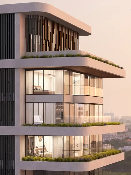 A closer view of the Nagpur luxury tower, showing the deep, shaded balconies that provide natural cooling. The design ensures unparalleled privacy and a lavish living experience with its one-flat-per-floor exclusivity.