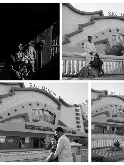 A series of black and white photos taken outside the iconic Raj Mandir Cinema, giving the pre-wedding shoot a classic, Bollywood-inspired feel.