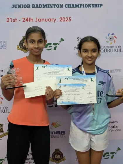 Anishka Kartik and Avni Shetty with their silver medals for the Girls' Doubles U15 event at the Gautam Thakkar Memorial SubJunior Tournament.