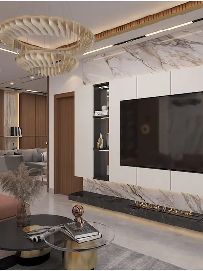 A duplicate of the luxurious living room concept with the integrated fireplace.