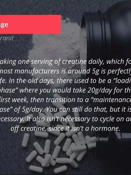 This slide clarifies the recommended daily dosage for creatine, debunking the myth that you need to cycle it or do a loading phase.