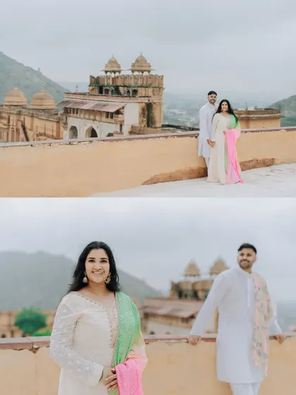 A diptych from a monsoon pre-wedding shoot at Amer Fort, capturing the soft, diffused light and romantic atmosphere of the season.