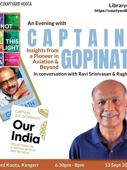 The official poster for "An Evening with Captain Gopinath," a conversation with the aviation pioneer, hosted by our library.