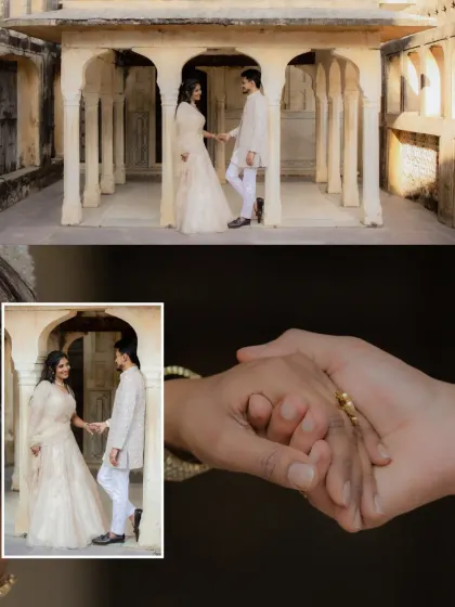 This set of images focuses on the simple, meaningful gesture of holding hands. For Ayush and Akshitha's Jaipur shoot, we highlighted this connection to symbolize their journey together.