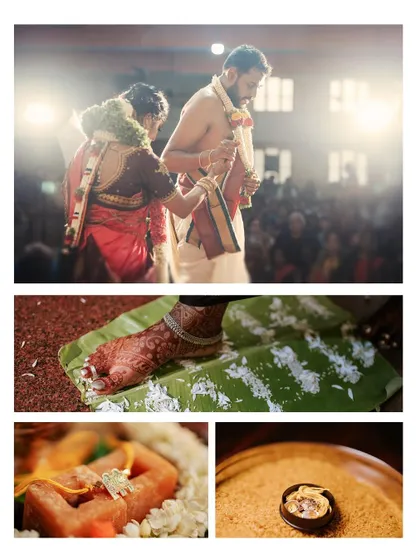 A collage of detailed shots from a wedding ceremony, focusing on the sacred fire, the couple's feet, and the wedding rings.