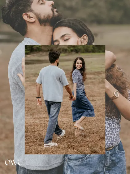 A creative collage that layers an intimate embrace over a photo of the couple walking away, telling a story of their journey.