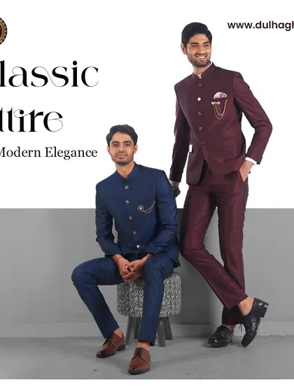 Classic attire for modern elegance. Two models showcase our Bandhgala suits in deep maroon and navy blue.