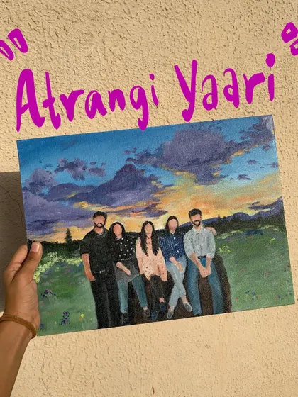 'Atrangi Yaari'. A custom group portrait I painted for a client, capturing their friendship against a beautiful sunset.