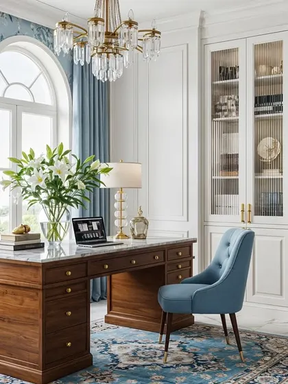 A bright and airy home office concept with blue floral wallpaper, a grand wooden desk, and classic white cabinetry. The large arched window floods the space with natural light.