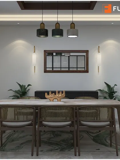 A grand contemporary dining area concept with a marble-top table and woven chairs.