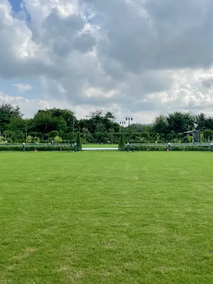 Grass so green, it's like nature's carpet. A view of a vast, perfectly manicured lawn in a large garden, providing a sense of openness and space.