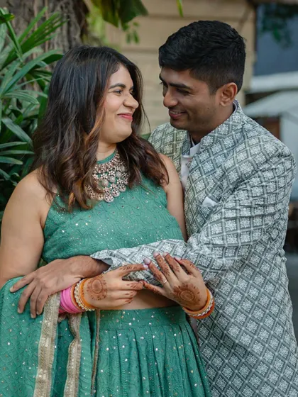 A relaxed and happy portrait of the couple during their intimate Delhi wedding celebrations.