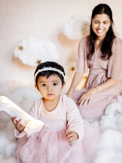 A dreamy "above the clouds" theme for a first birthday shoot. I love working with parents to design and create custom setups at home that perfectly match their baby's name or personality.